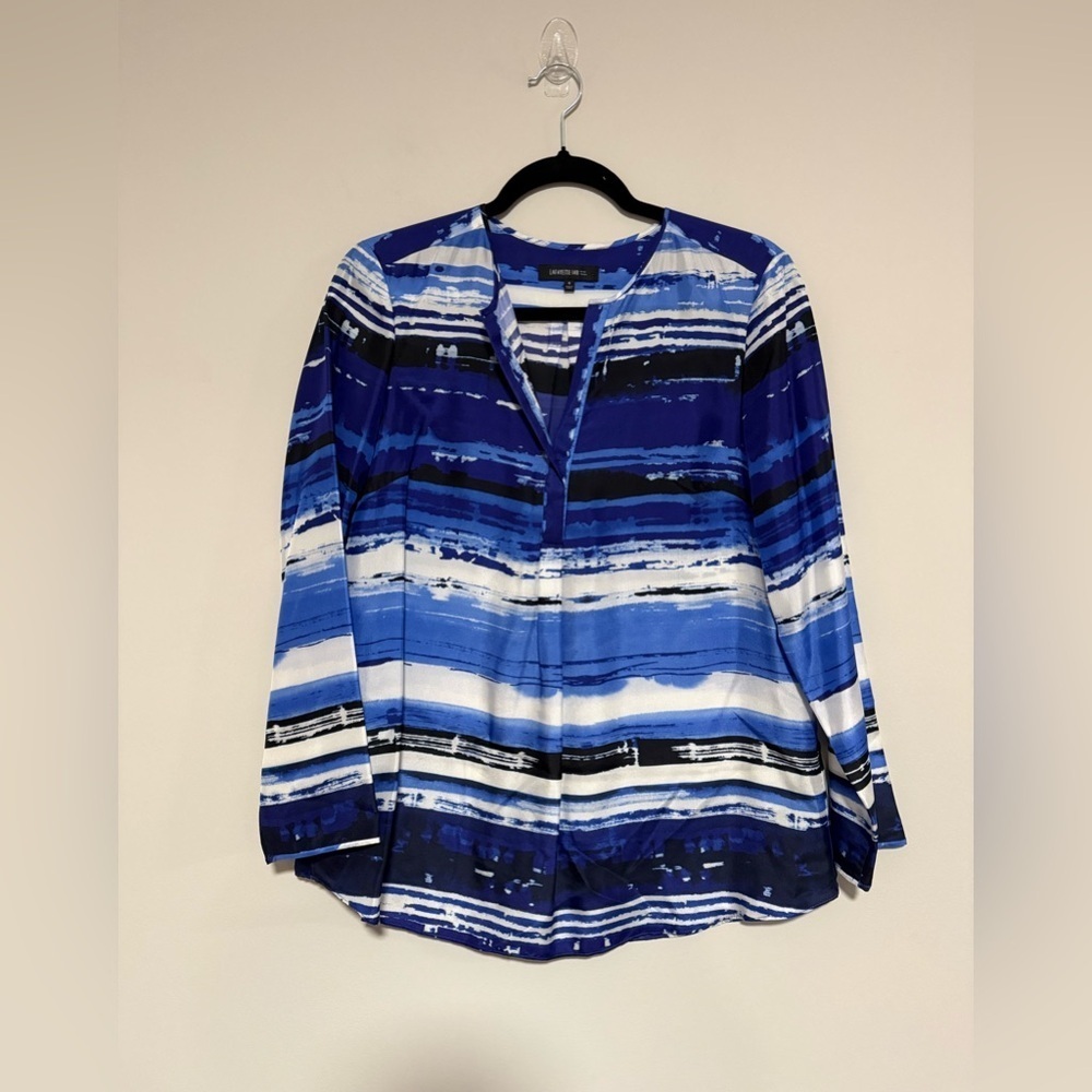 Lafayette 148 New York Silk Abstract Stripe Popover Blouse Size 6 Office Classic